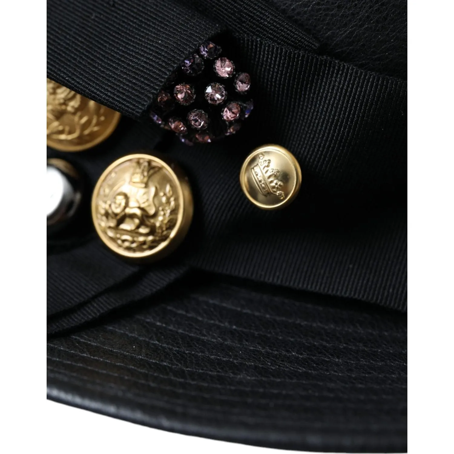 Dolce & Gabbana Black Leather DG Coin Crystal Wide Brim Hat