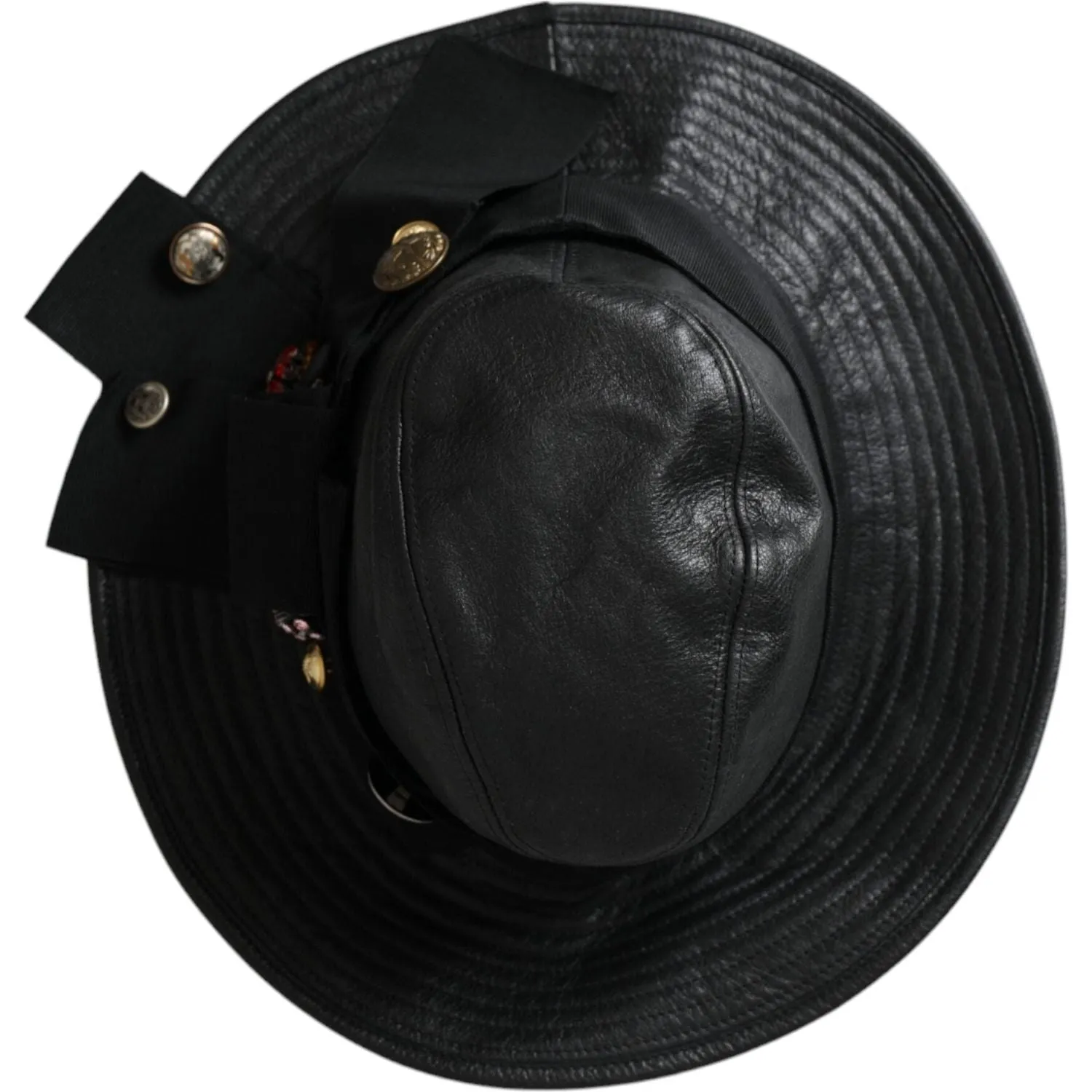 Dolce & Gabbana Black Leather DG Coin Crystal Wide Brim Hat