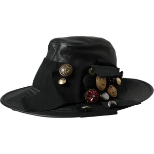 Dolce & Gabbana Black Leather DG Coin Crystal Wide Brim Hat