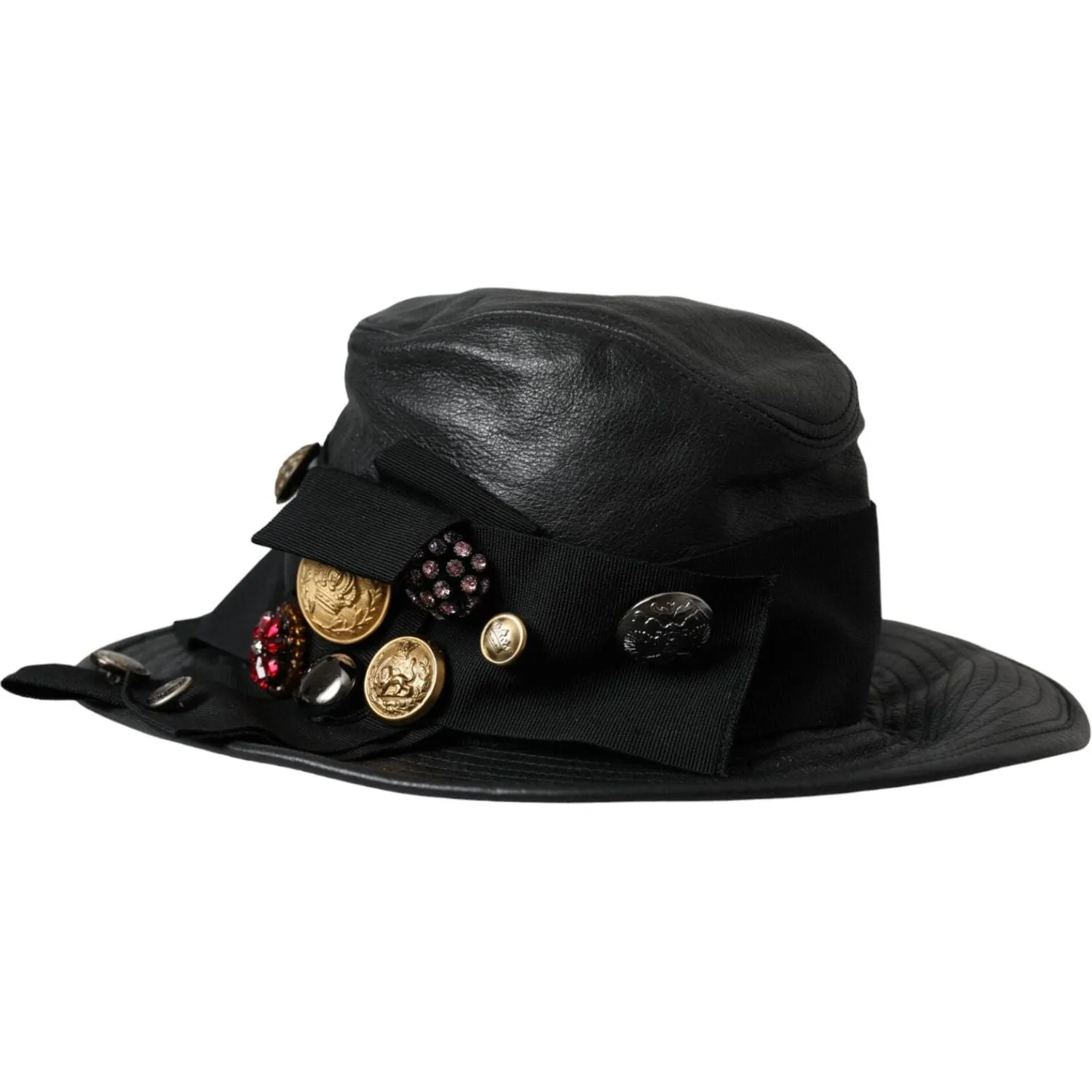 Dolce & Gabbana Black Leather DG Coin Crystal Wide Brim Hat