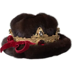 Dolce & Gabbana Dark Brown Mink Fur Gold Crystal Crown Hat