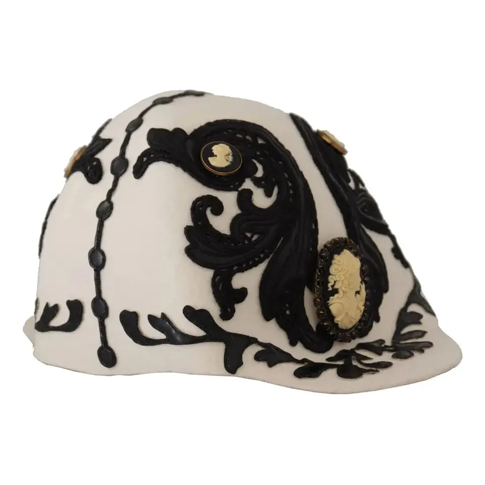 Dolce & Gabbana White Black Wool Embroidered Cameo Brooch Hat