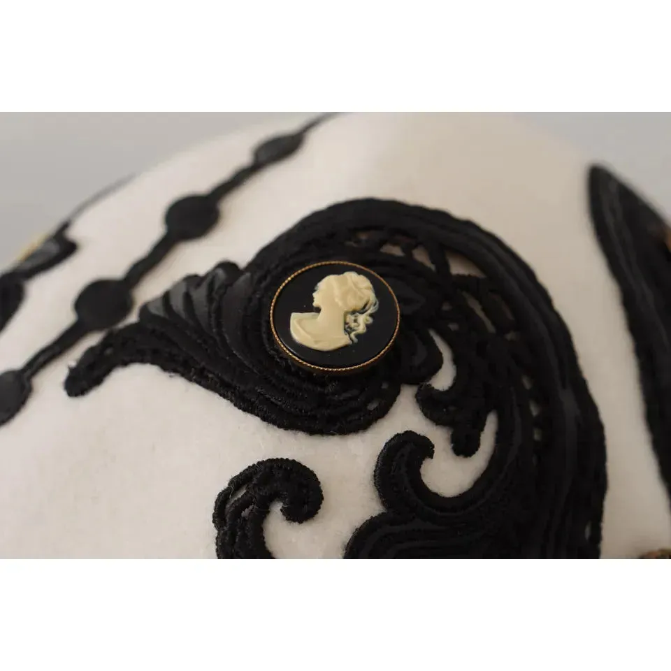 Dolce & Gabbana White Black Wool Embroidered Cameo Brooch Hat