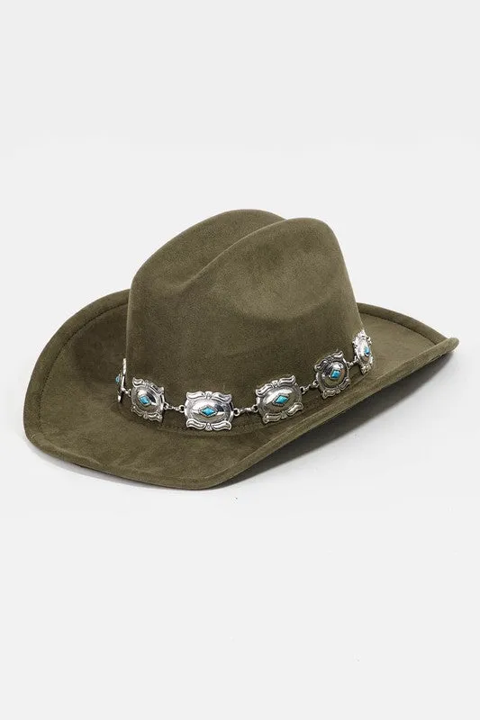 Olive Ivory Western Concho Chain Disc Fedora Women's Hat