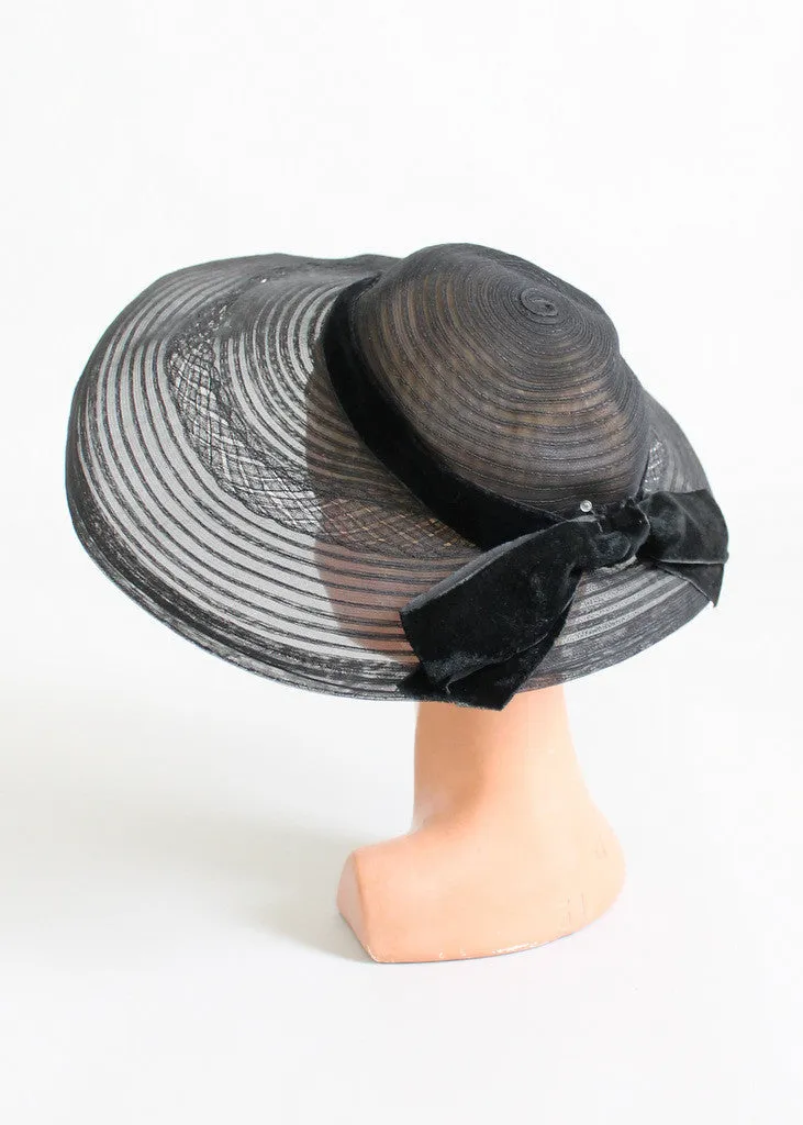 Vintage Early 1950s Wide Brim Black Horse Hair Hat