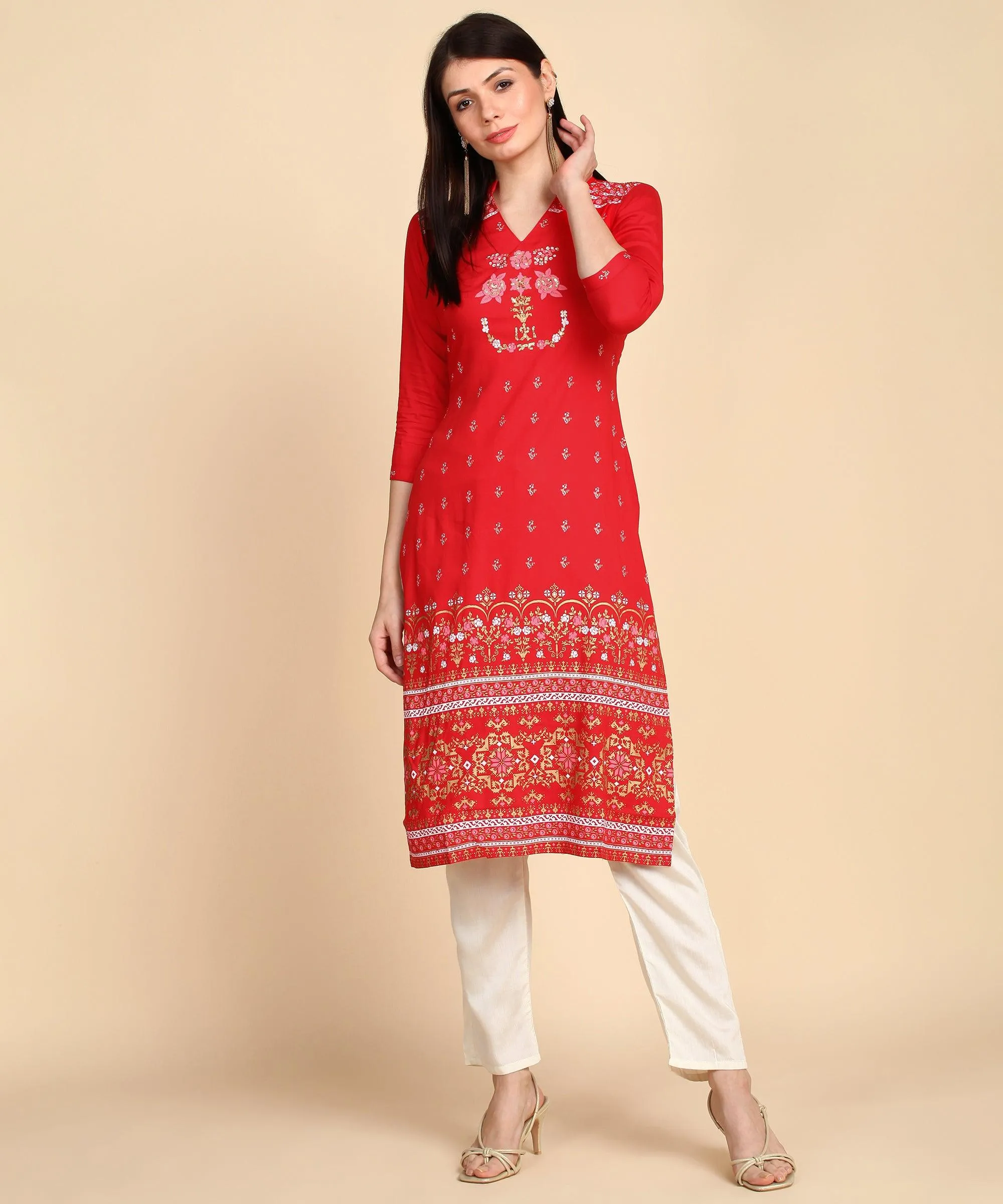 Zehra Women Yoke Print Red Straight Kurti Set